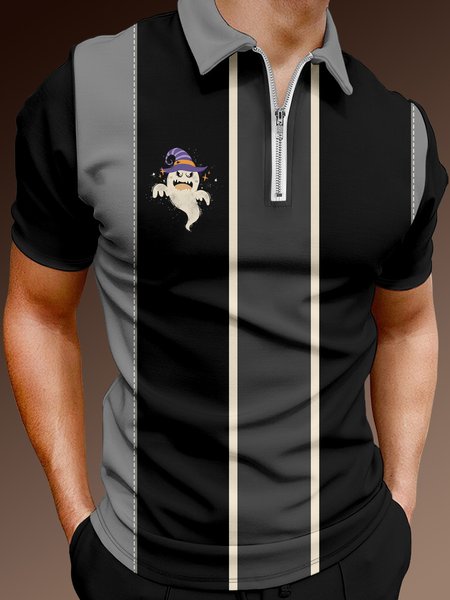 

Casual Festive Collection Geometric Striped Halloween Ghost Pattern Lapel Short Sleeve Polo Print Top, Black, Men's t-shirts