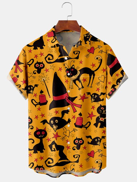 

Men's Halloween Black Cat Print Casual Breathable Short Sleeve Shirt, Yellow, Men's Floral shirt