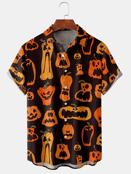 

Casual Style Festival Series Halloween Retro Funny Pumpkin Element Pattern Lapel Short-Sleeved Shirt Print Top, Black, Shirts ＆ Blouse