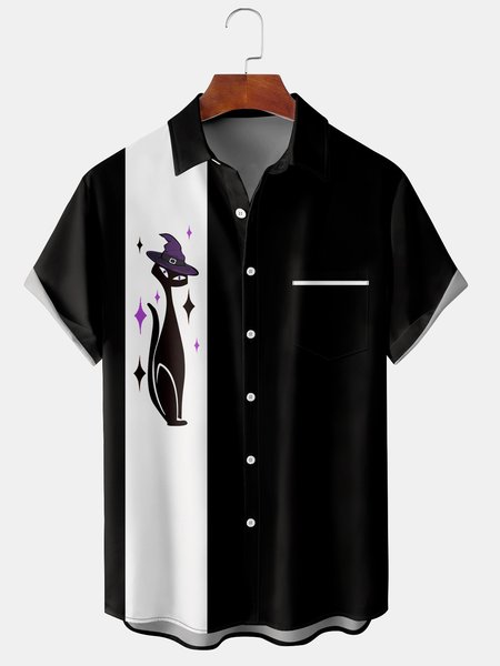 

Men's Halloween Black Cat Print Casual Breathable Short Sleeve Shirt, Men's Floral shirt