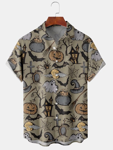 

Casual Style Festival Series Halloween Retro Ghost Pumpkin Spider Element Pattern Lapel Short-Sleeved Shirt Print Top, Gray-brown, Shirts ＆ Blouse