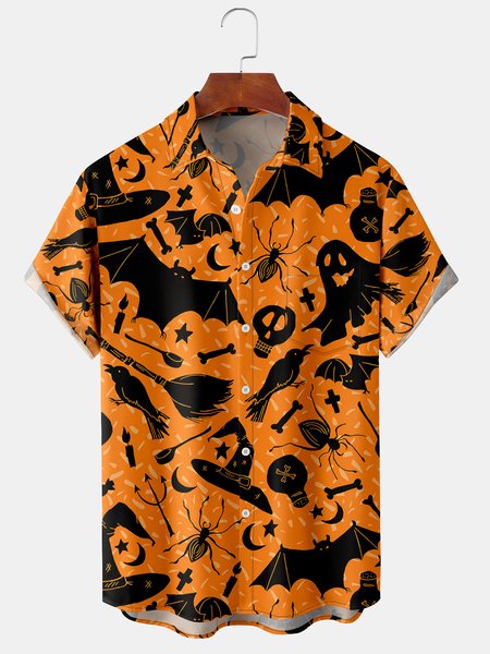 

Casual Style Festival Series Halloween Retro Ghost Skeleton Bat Element Pattern Lapel Short-Sleeved Shirt Print Top, Orange, Shirts ＆ Blouse