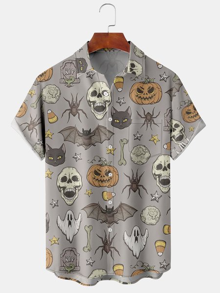 

Casual Style Holiday Series Retro Halloween Skull Bat Pumpkin Element Pattern Lapel Short-Sleeved Shirt Print Top, Gray, Shirts ＆ Blouse