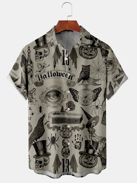 

Casual Style Festival Series Halloween Retro Skull Owl Element Pattern Lapel Short-Sleeved Shirt Print Top, Gray, Shirts ＆ Blouse