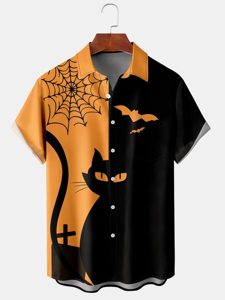 

Casual Style Festival Series Halloween Retro Bat Spider Web Cat Element Pattern Lapel Short-Sleeved Shirt Print Top, Orange, Shirts ＆ Blouse