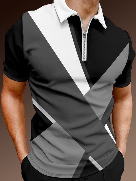 

Casual Art Collection Geometric Color Block Pattern Lapel Short Sleeve Polo Print Top, Black, Men's t-shirts