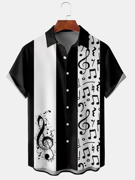 

Casual Music Collection Geometric Stripes Note Element Pattern Lapel Short Sleeve Shirt Print Top, Black, Shirts ＆ Blouse