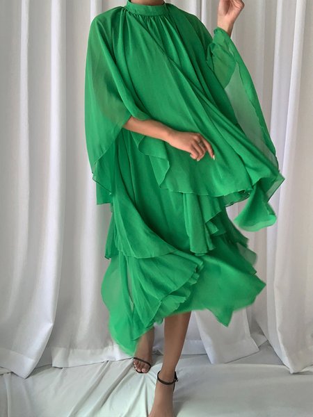 

Stand Collar Vacation Loose Ruffled Dress, Green, Midi Dresses