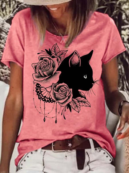 

Womens Black Cat Flower Print Casual T-Shirt, Red, T-shirts