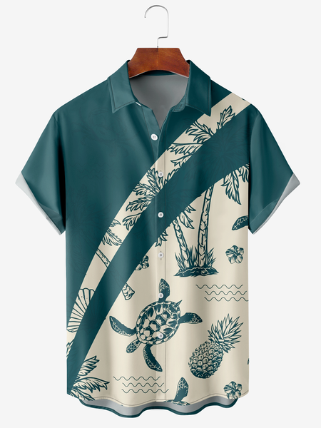 

Men's Hawaiian Botanical Print Moisture Wicking Fabric Fashion Lapel Short Sleeve Shirts, Cyan, Men's Floral shirt