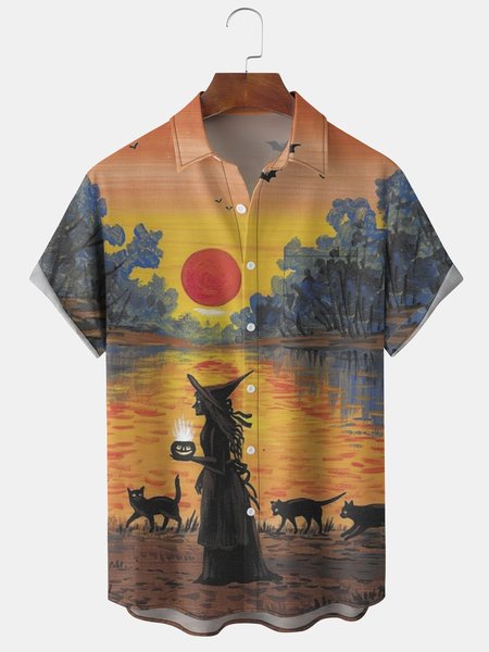 

Men's Halloween Print Short Sleeve Hawaiian Shirt with Chest Pocket, Orange, Men's Floral shirt