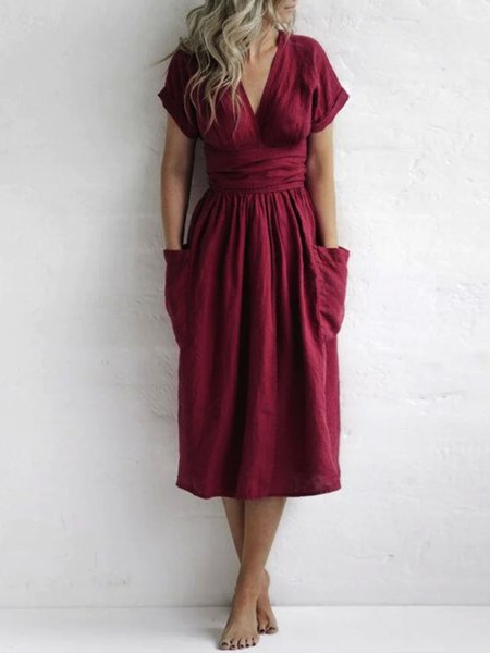 

Daily Midi Short sleeve V Neck Cotton Linen Dress, Claret_red, Midi Dresses