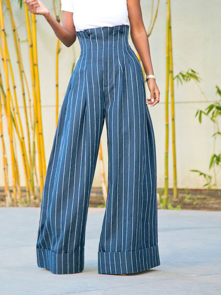

Autumn A-Line High Waist Urban Loose Fashion Commuting Pants, Stripe, Wide Leg Pants