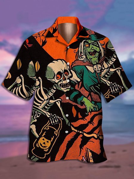 

Men's Halloween Print Short Sleeve Hawaiian Shirt, Black, Men's Floral shirt