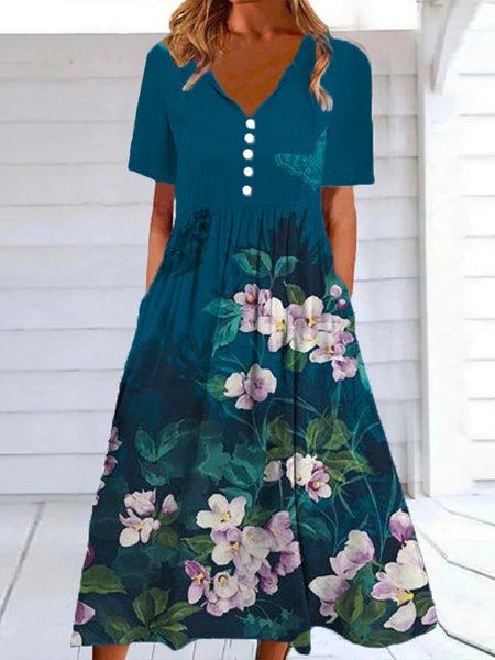 

V Neck Casual Floral Dresses, Multicolor, Dresses