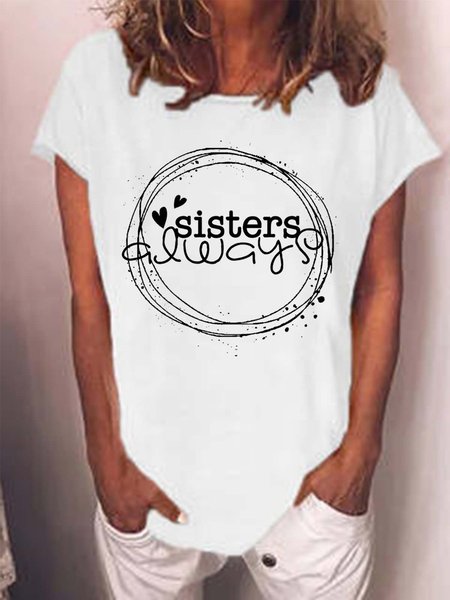 

Women Sisters Cordate Letter Loose Casual Crew Neck T-Shirt, White, T-shirts