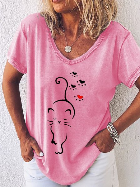 

Womens Cute Cat Paw Heart Print V Neck T-Shirt, Pink, T-shirts
