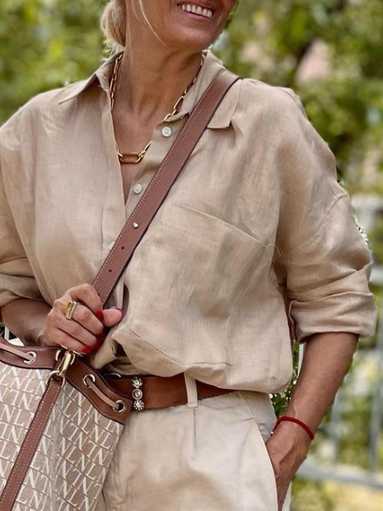 

Simple Shirt Collar Loose Blouse, Khaki, Blouses & Shirts