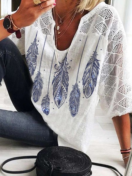 

Loose Feather Pattern V Neck Tops, White, Shirts & Blouses