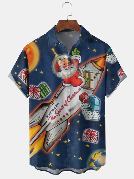 

Mens Christmas Santa On the Rocket Print Front Buttons Soft Breathable Chest Pocket Casual Hawaiian Shirts, Blue, Men's Floral shirt