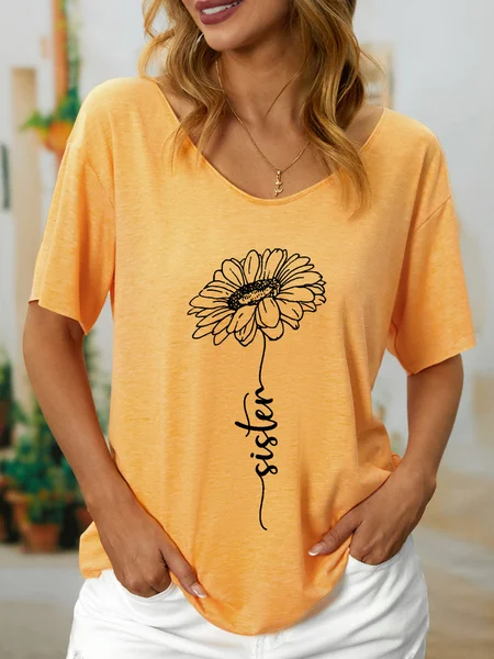 

Women Funny Sister cursive type sunflower Cotton-Blend T-Shirt, Yellow, T-shirts