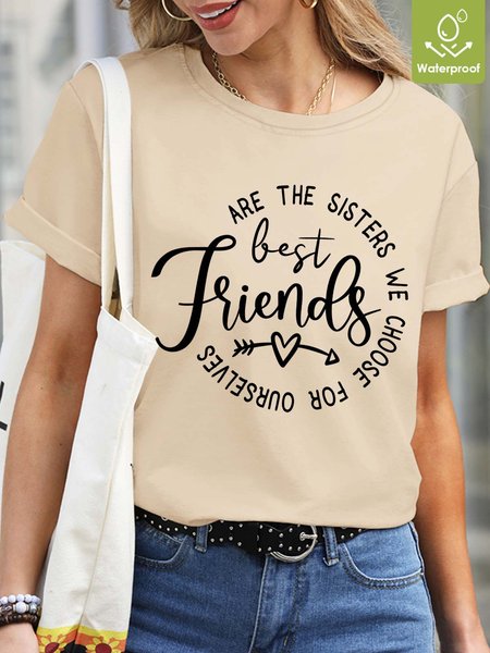 

Women Sisters Letter Heart/Cordate Waterproof Oilproof And Stainproof Fabric Casual Loose T-Shirt, Apricot, T-shirts