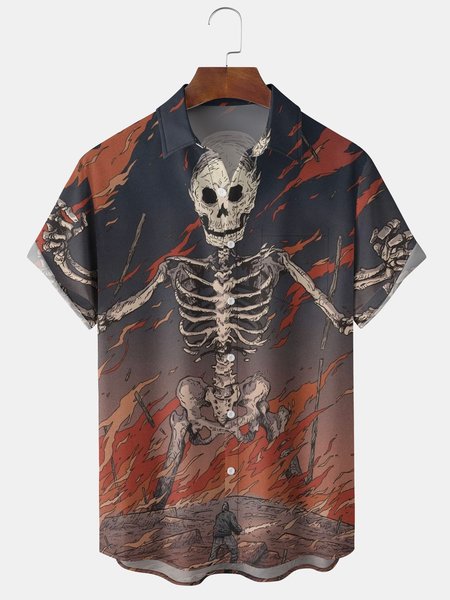 

Men's Halloween Print Short Sleeve Hawaiian Shirt with Chest Pocket, Red, Men's Floral shirt