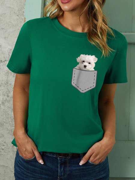 

Womens Cute Puppy Dog In Your Pocket Crew Neck Tops, Green, T-shirts