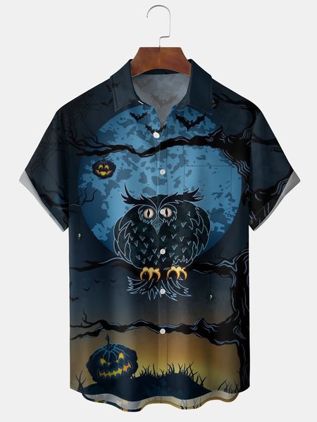 

Men's Halloween Print Short Sleeve Hawaiian Shirt with Chest Pocket, Blue, Men's Floral shirt