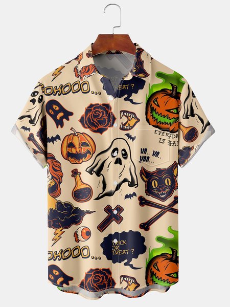 

Men's Halloween Pumpkin and Ghost Print Casual Breathable Short Sleeve Shirt, Apricot, Men's Floral shirt