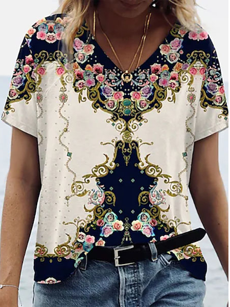 

Floral Casual Cotton-Blend T-Shirt, Multicolor, T-Shirts