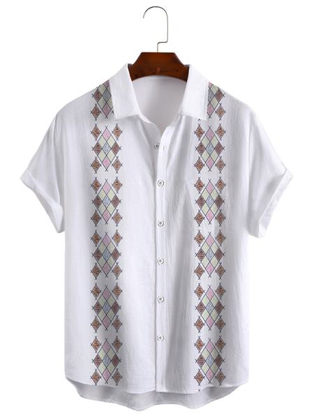 

Cotton Linen Style Geometric Print Men's Cotton Linen Short Sleeve Shirt, As picture, Men's Floral shirt