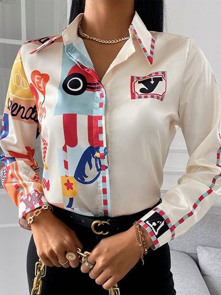 

Abstract Shirt Collar Loosen Daily Blouse, Apricot, Blouses and Shirts