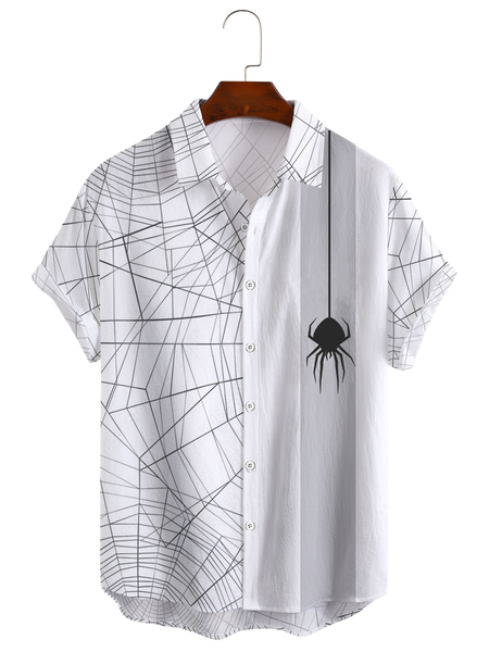 

Cotton Linen Style Halloween Spider Web Print Men's Cotton Linen Short Sleeve Shirt, As picture, Men's Floral shirt