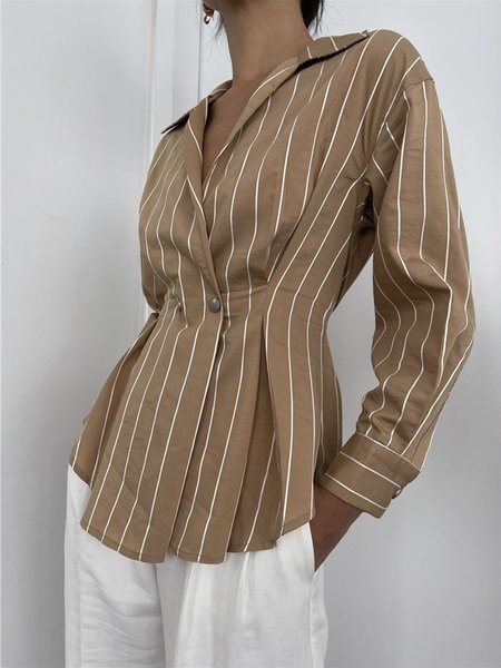 

Khaki Daily Long sleeve Simple Shirt Collar Blouse, Blouses and Shirts