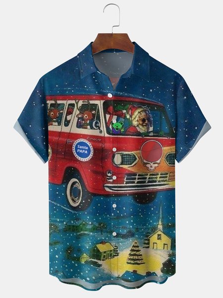 

Mens Christmas Santa Print Front Buttons Soft Breathable Chest Pocket Casual Hawaiian Shirts, Blue, Men's Floral shirt