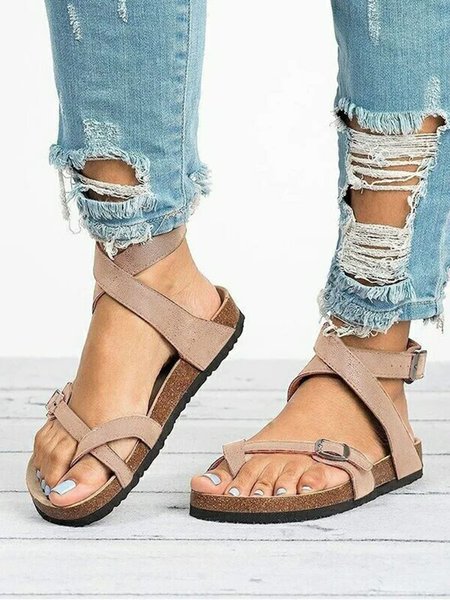 

Buckle Cross Strap Casual Flat Thong Sandals, Off white, Sandals