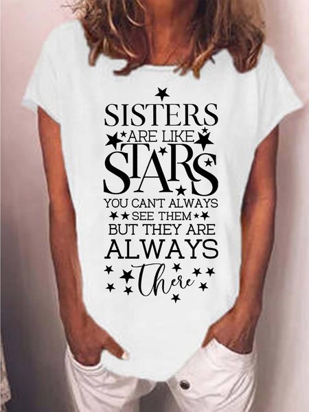 

Women Sisters Star Letters Casual T-Shirt, White, T-shirts