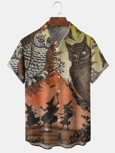 

Men's Halloween Print Short Sleeve Hawaiian Shirt with Chest Pocket, Orange red, Men's Floral shirt