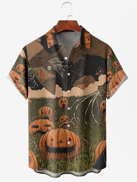 

Men's Halloween Pumpkin Print Moisture Wicking Fabric Fashion Lapel Short Sleeve Shirts, Coffee, Men's Floral shirt