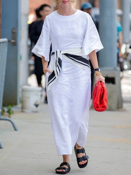 

Daily Simple Crew Neck Half Sleeve Plain Dress, White, Maxi Dresses