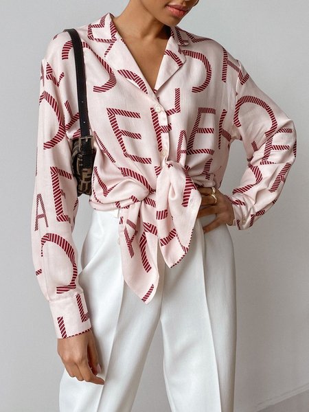 

Daily Long sleeve Loose Text Letters Lapel Collar Blouse, Red, Blouses and Shirts