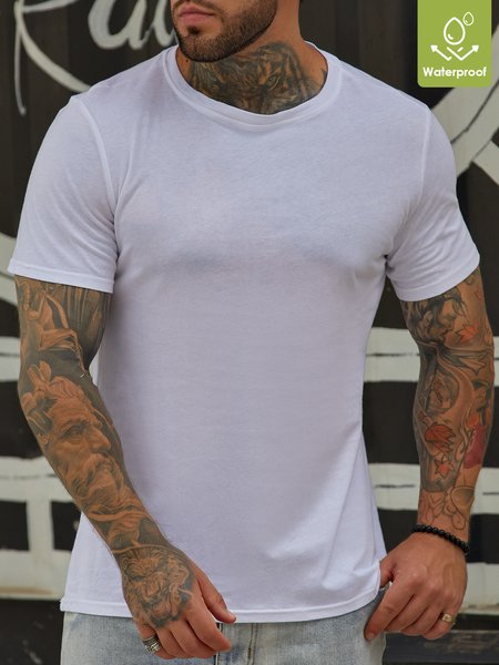 

Men Casual Waterproof Oilproof And Stainproof Fabric Crew Neck T-Shirt, White, T-shirts