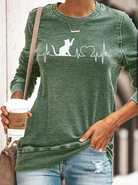 

Womens Cute Heartbeat Cat Lover Crew Neck Sweatshirt, Green, Hoodies&Sweatshirts