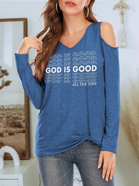 

God Is Good V Neck Casual T-Shirt, Blue, T-Shirts
