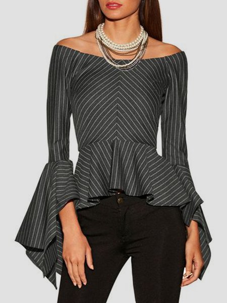 

Striped Elegant Flare Sleeve Tight Blouse, Gray, Blouses and Shirts