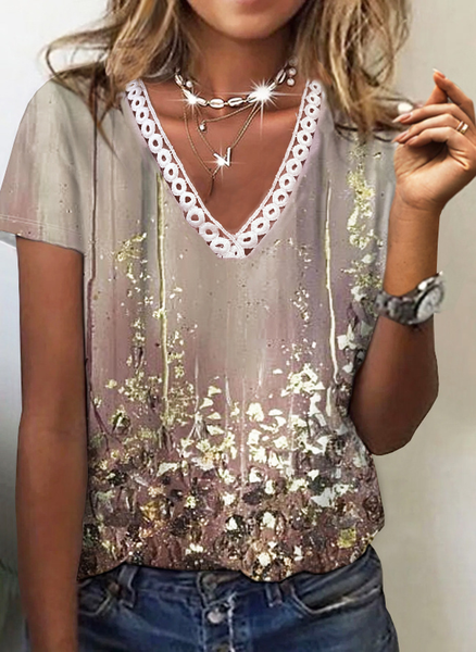 

V Neck Floral Printed Jersey T-Shirt, Multicolor, T-shirts