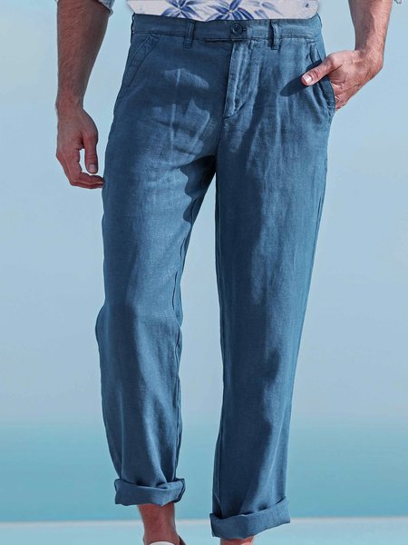 

Cotton and Linen Plain Hawaiian Casual Trousers, As picture, Men's pants