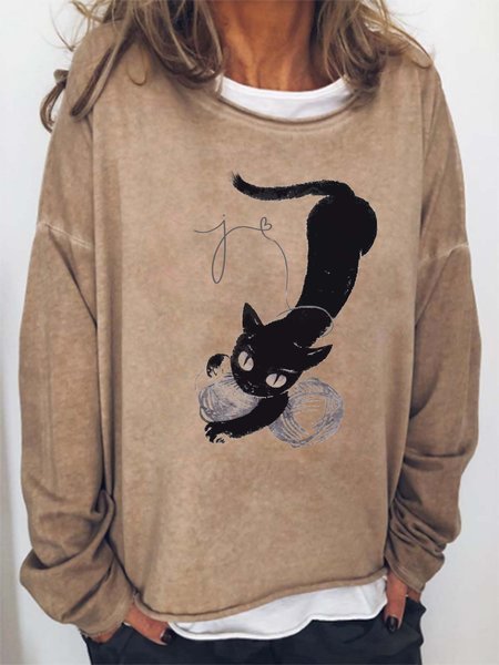 

Women Cat Printing Crew Neck Animal Sweatshirts, Khaki, Hoodies&Sweatshirts