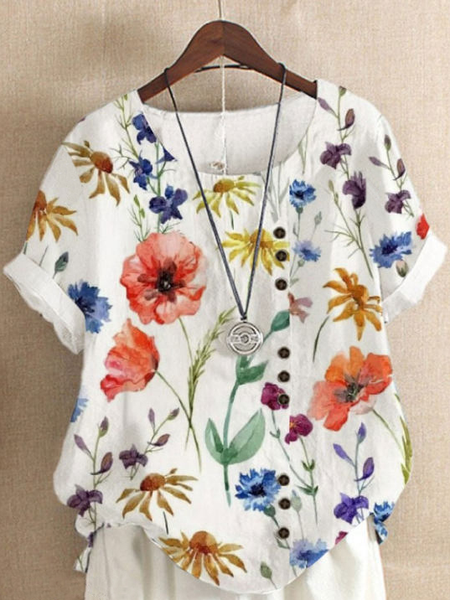 

Round Neck Casual Loose Floral Print Short Sleeve Blouse, White, Shirts & Blouses